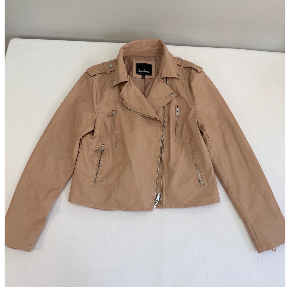 Sam Edelman Moto Jacket Tan Beige Faux Leather Studded Biker Classic SZ MED